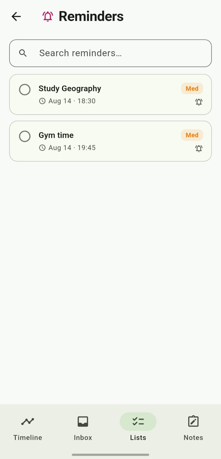 Noted Reminders screen showing upcoming reminders