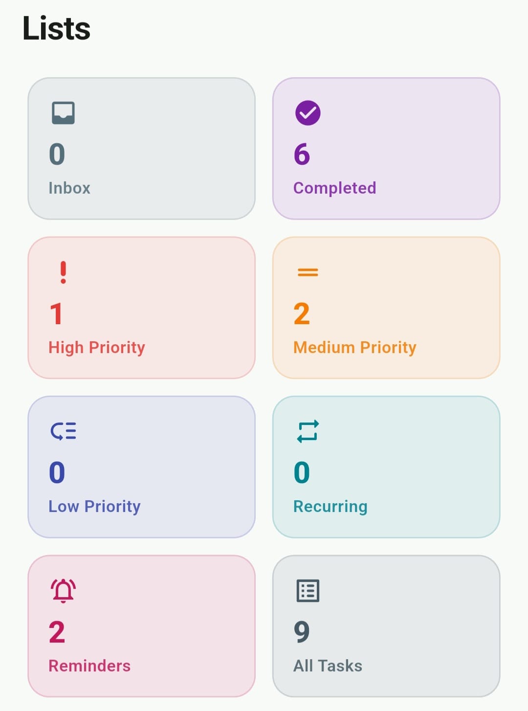 Noted Smart Lists showing categories by priority and type