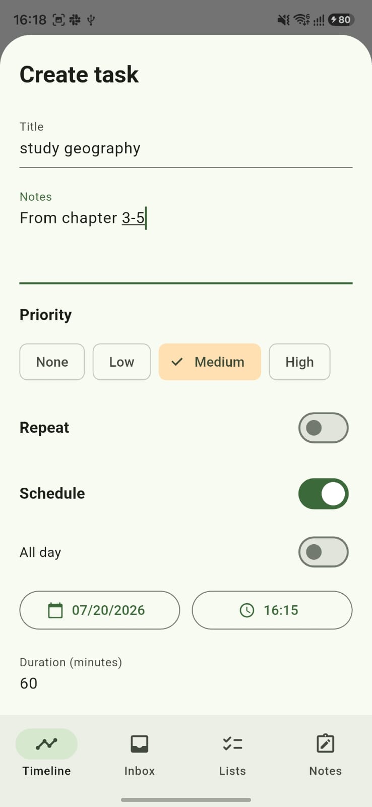 Noted Create Task screen with priority and schedule options