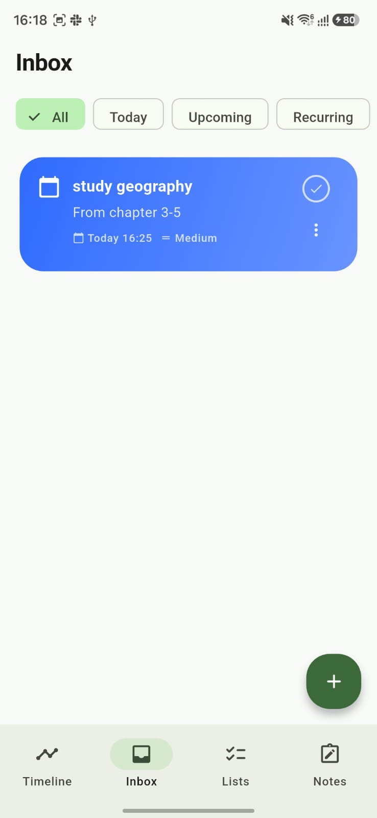 Noted Inbox showing task list with priority and schedule