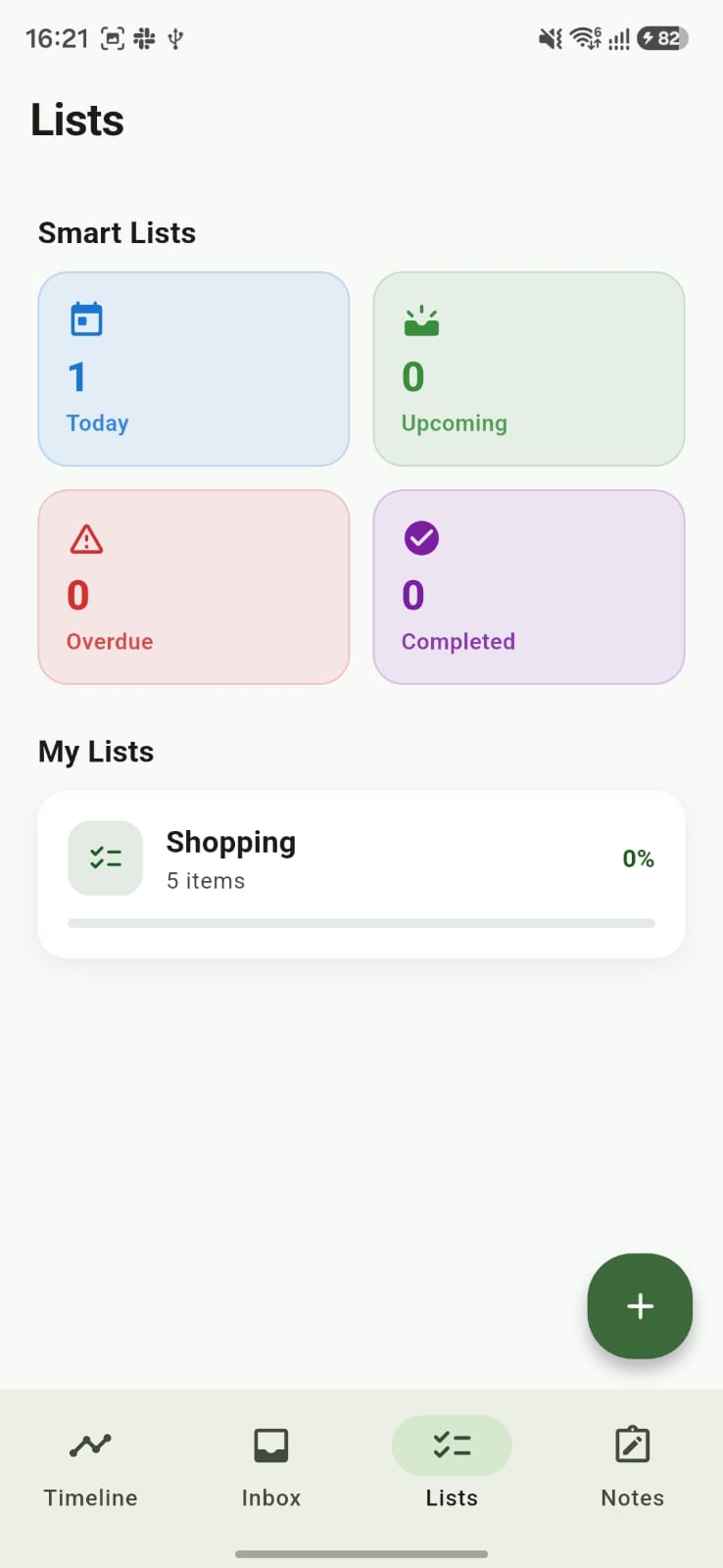 Noted Smart Lists showing Today, Upcoming, Overdue and Completed